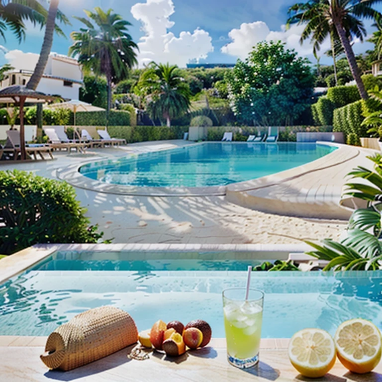 Drinks on a table near the pool, Next to the pool, relax after a hard day, by Romain brook, paradise in the background, Vacation Photos, it's is relax on a beach, Next to the tropical pool, Poolside, 🐿🍸🍋, sitting on the edge of the pool, relax, relaxタイム. Nice view