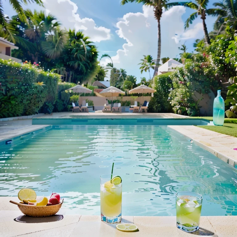 Drinks on a table near the pool, Next to the pool, relax after a hard day, by Romain brook, paradise in the background, Vacation Photos, it's is relax on a beach, Next to the tropical pool, Poolside, 🐿🍸🍋, sitting on the edge of the pool, relax, relaxタイム. Nice view