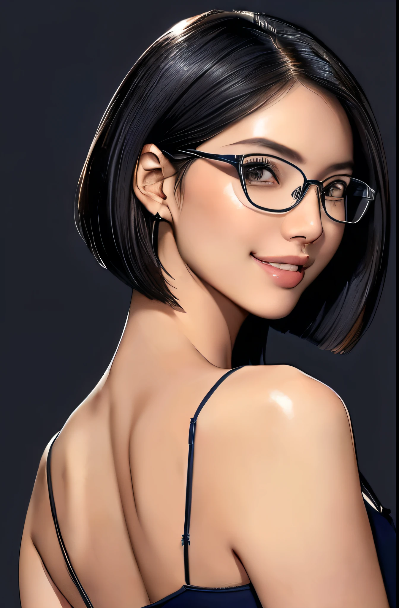 (masterpiece), (8k, best quality, high resolution), (ultra-detailed, realistic), (anatomically correct),
((Portrait)), (Standing), (((looking back))), (No background),
(1woman), (looking at viewer), (show your back),
(A Japanese woman, 30 years old and 155cm tall.),
(black hair), (straight hair), (short hair style), (bob cut), (hair behind ears),
(wear glasses), ((black cell frame glasses)),
((Wear a navy blue spaghetti strap dress)),((Mini length dress with a simple design and minimal decoration)),
(Create a detailed image of the eye),
(Her impression is pure, clean and kind.),
((A captivating smile, just showing a few teeth.)),