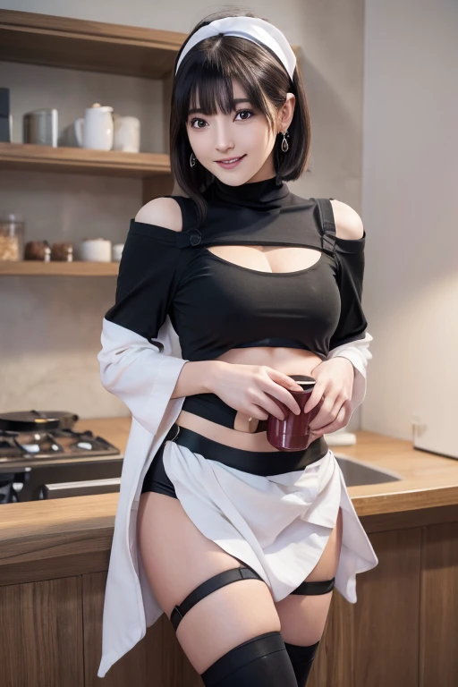 Adult Woman, masterpiece, 1girl, Amazing Cleavage:1.3, thin waist, big ass, Raised sexy, small breast:1.0,posed cleavage:1.2,solo, open mouth, have a cup of coffee,black hair, red eyes, dress, bare shoulders, jewelry, collarbone, sidelocks, hairband, earrings, indoors, off shoulder, arms behind back, plant, short hair with long locks, black hairband, sweater dress, off-shoulder sweater, red sweater, big side hair, very long side hair,is rendered in (masterpiece: 1.2, best quality), with (ultra high resolution) and an exquisite (depth of field). This masterpiece is not only visually stunning but also tells, make of cooking some cakes ,in the kitchen,Long dark blonde wavy hair、her thin pubic hair, Puffy nipple、(short flared skirt)、garter stocking、Earring、Medium milk, cute smile face、(Pose to lean forward and emphasize the chest)、sexy hips、high-heels、atlibrary、((Close your arms to your chest and look up)),(with sparkling eyes and a contagious smile), looking at viewer,