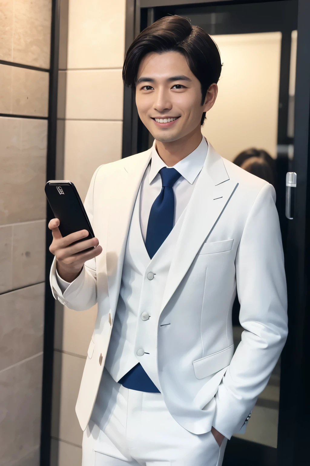 (highest quality、Best image quality、超A high resolution)、Japanese、Handsome man、30 years old、Happy young Japanese businessman president、Very attractive businessman, (((White suit:1.5)))、(((I have a small smartphone in my hand:1.5)))、masterpiece、Photo realistic、The background is blurred、Big smile、Latest stylish suits 、Medium Hair、Super cool、Twink、Soft skin and a nice perfect face、8k、Surreal、