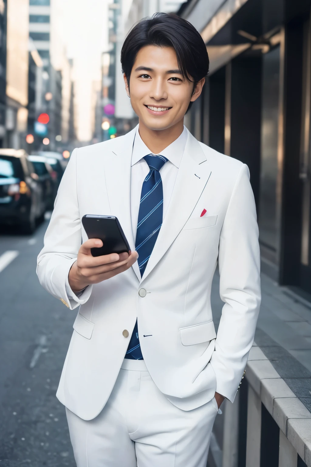 (highest quality、Best image quality、超A high resolution)、Japanese、Handsome man、30 years old、Happy young Japanese businessman president、Very attractive businessman, (((White suit:1.5)))、(((I have a small smartphone in my hand:1.5)))、masterpiece、Photo realistic、The background is blurred、Big smile、Latest stylish suits 、Medium Hair、Super cool、Twink、Soft skin and a nice perfect face、8k、Surreal、