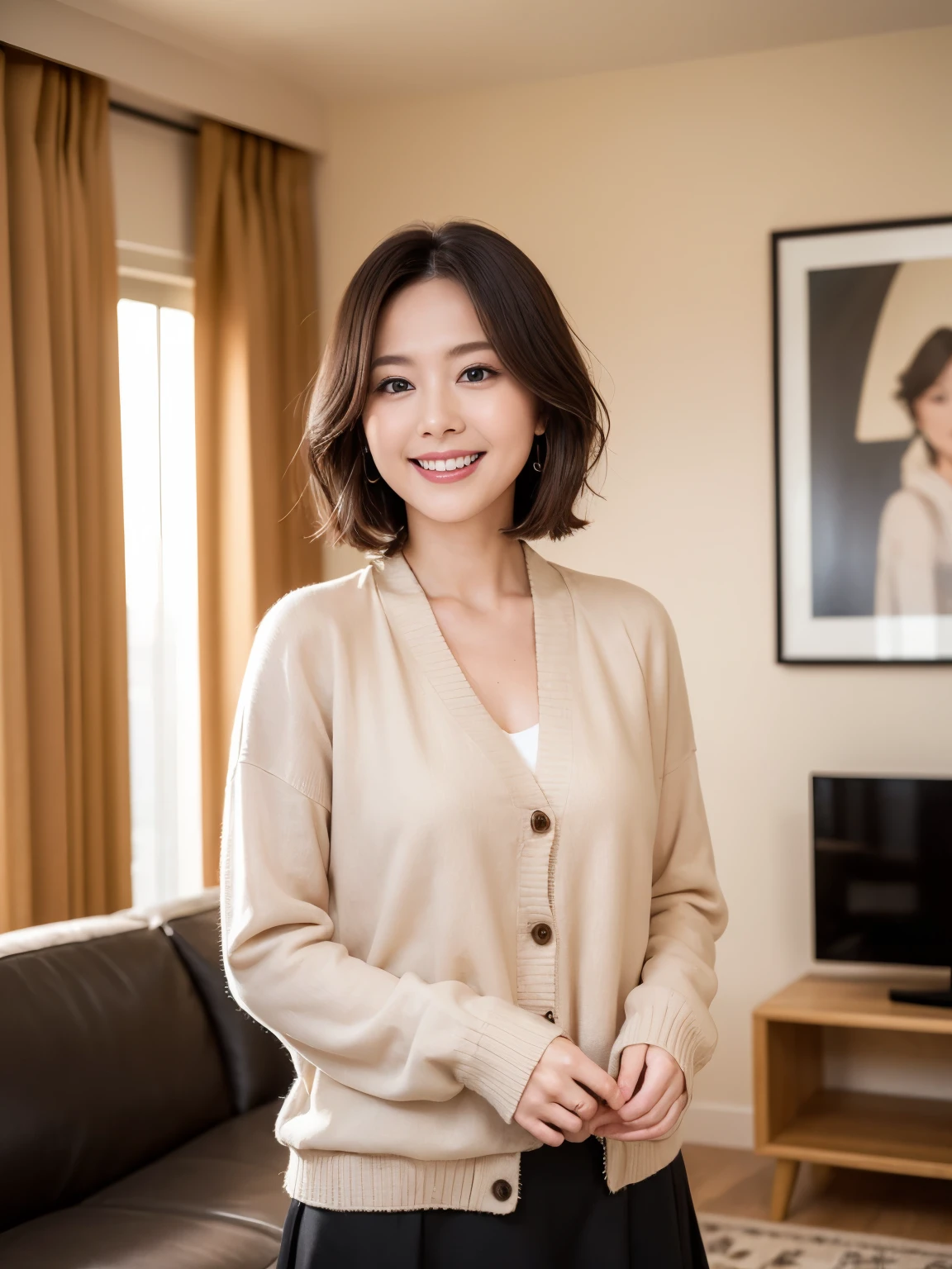 (highest quality、Tabletop、8k、Best image quality)、38-year-old mature woman、(Upper body photo:1.1)、(Knitted dress、Casual and elegant clothing colors、Elegant and precise attire、Elegant colored cardigan、A tight skirt in an elegant color)、Standing in the living room of the most luxurious apartment、See you in the living room、(The most natural and practical furniture arrangement:1.1)、Perfect Anatomy、Beautiful natural makeup、A gentle smile looks at me、Short black hair、Graceful posture、Very bright and clean、Blurred Background、D cup breasts