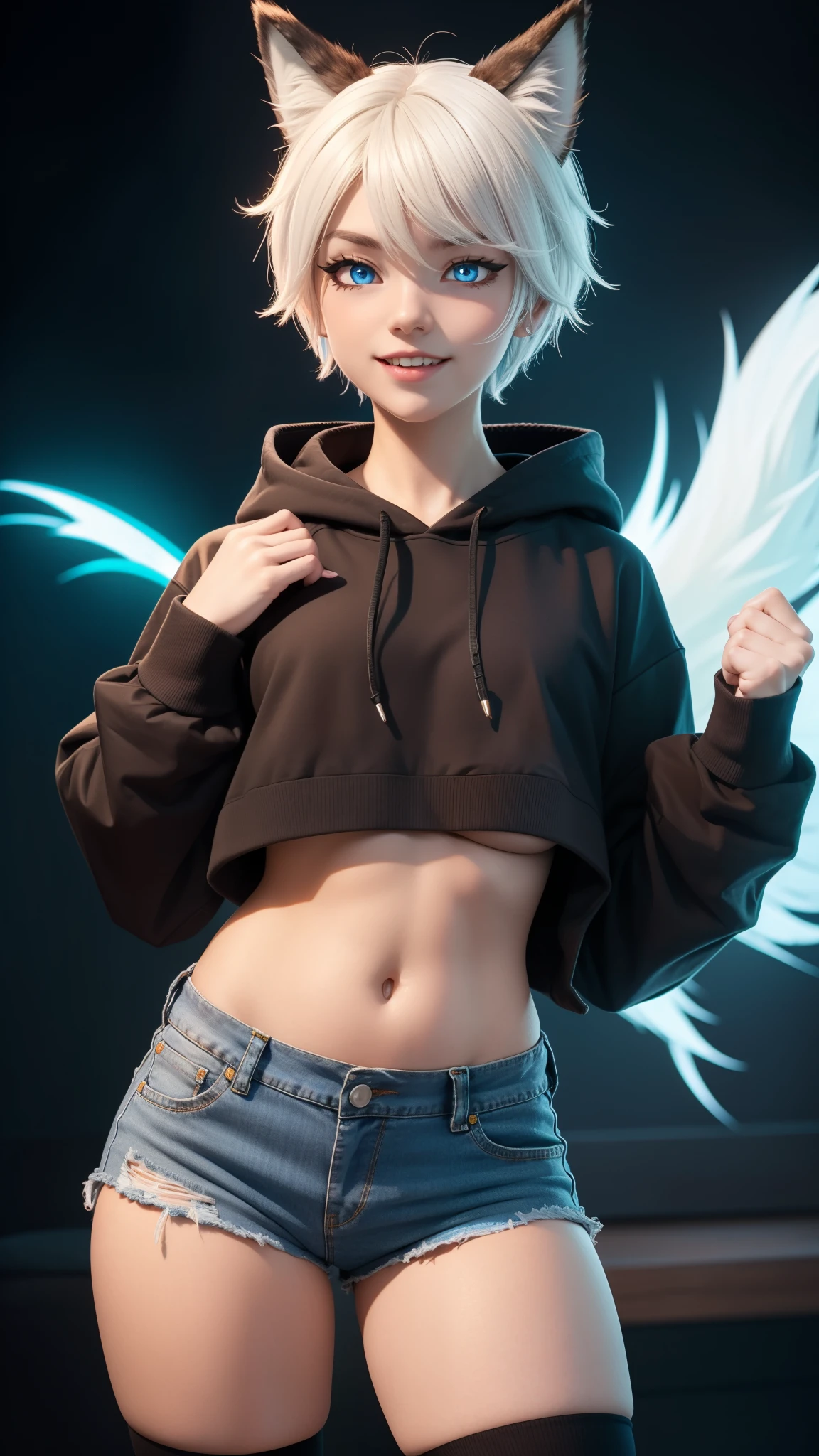 Masterpiece, wide smile, boyish girl with short (white hair), punk hair style, half shaved hair style, (horny face expression), has wolf ears, ((had wolf tail)), wearing denim shorts and a cropped black hoodie, thick thighs, wide hips, wearing thigh high socks, solo, alone, no wolves, showing belly, has glowing blue eyes, flat chest,Comics, fantasia, sfw, onis, action pose