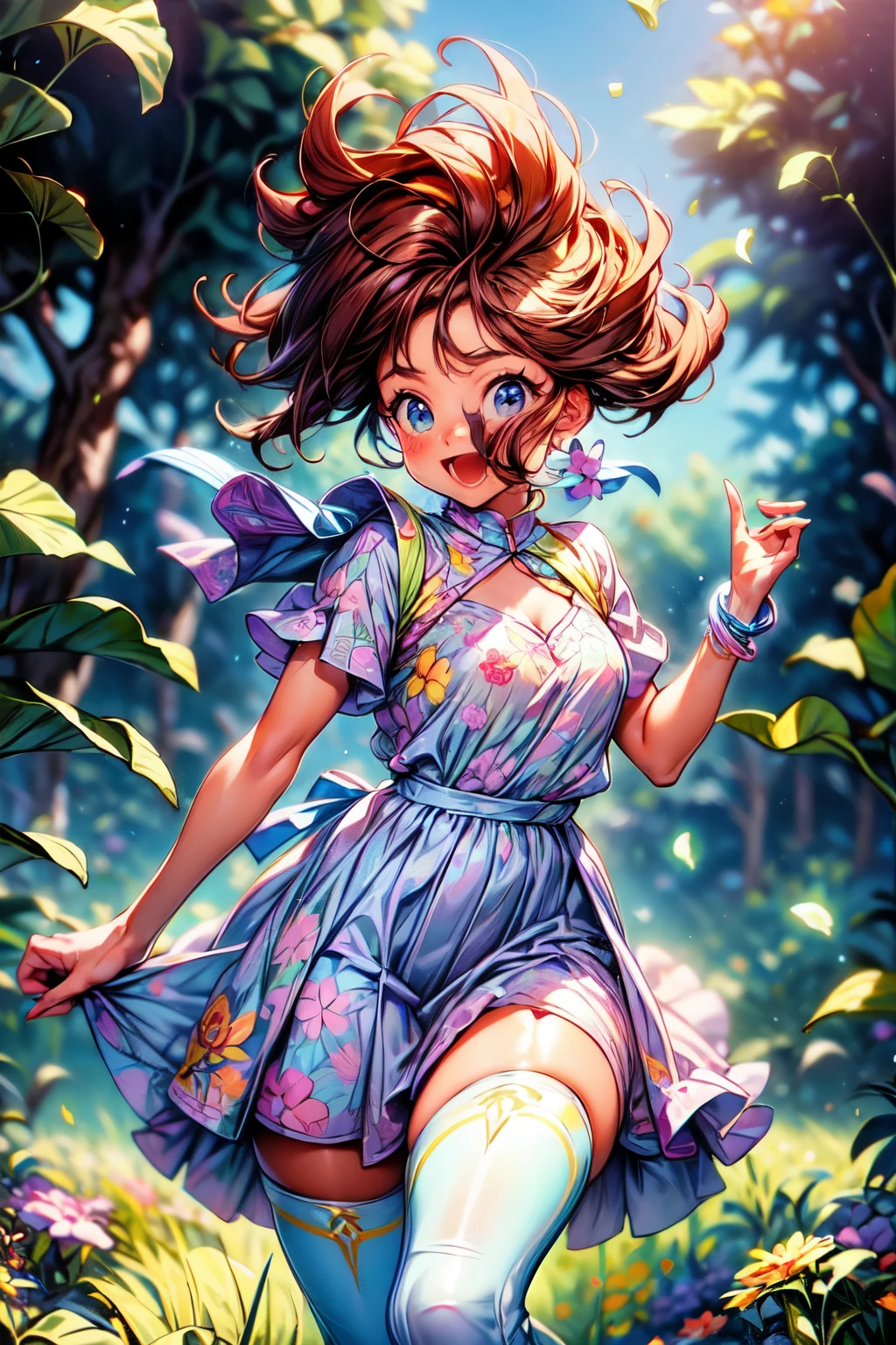 agregar_detalle:1, La mejor calidad, hermoso brillo detallado, ambient-occlusion, Luz ambiental, Reflejos trazados por rayos, Aura brillante, una feliz, Smiling 18-year-old brown-skinned girl running across the prairie on a sunny day with the wind blowing, Short two-part dress with warm colored floral motifs and colorful flying flowers found throughout the meadow, muy colorido.