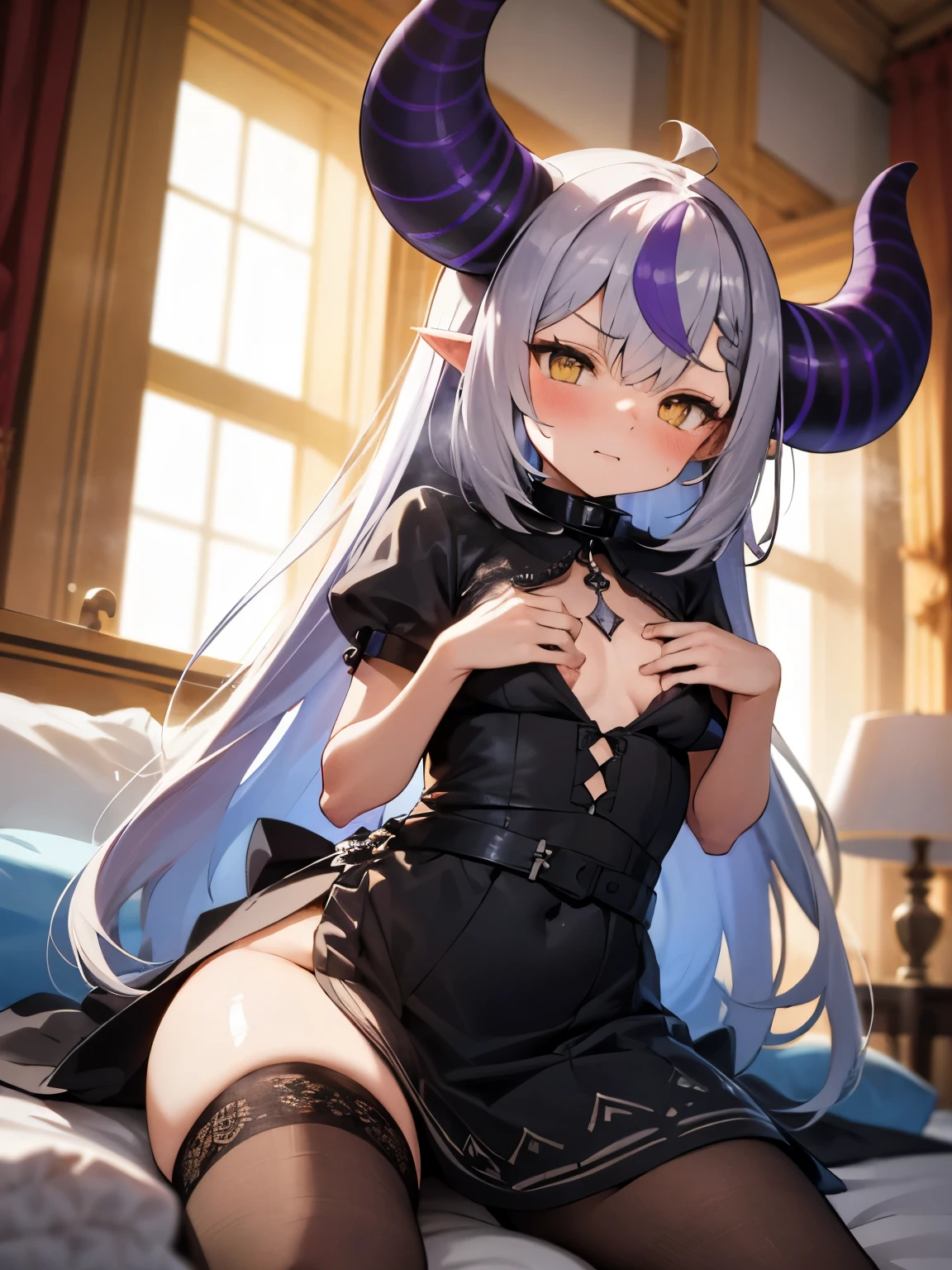 NSFW,Hololive,Laplace Darkness,long hair,Small breasts,Fantasy Dress,Lace dress,Large fishnet stockings,Iron Collar,In heat,A wistful look,Castle,Luxury Room,(Perfect hands),(Perfect Anatomy),(masterpiece),(highest quality),barker,lure,Alluring expression,One man