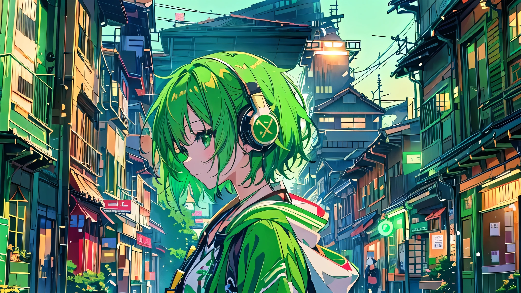 An anime girl with green hair and green earphones walking down the street, Anime Style 4 k, anime wallpaper 4k, anime wallpaper 4k, anime art wallpaper 8k, anime art wallpaper 4k, anime art wallpaper 4k, 4k anime wallpaper, Anime Style. 8k, Best Anime 4K Konachan Wallpaper, Anime atmosphere, Anime Style cityscape