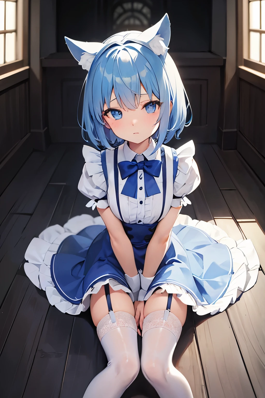 Panties in full view、Thin legs、Small waist、White garter belt、Crouching pose、Composition from the front、jitome、Blue Eyes、Light blue tail、Black maid outfit、Long Skirt、Light blue hair、short hair、Animal ears、Don&#39;t expose your shoulders、Slender figure、Small breasts、Dim background