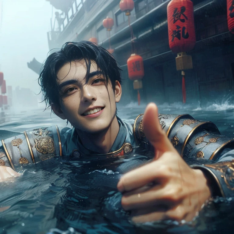 (Best Quality:1.2), (high resolution:1.2), (beautiful face and eye:1.5), (sharpest focus:1.2), (Ultra-realistic Photo:1.2), (Ultra-precise Photo:1.2), (Depth of field:1.2), (8k high resolution:1.2). (perfect anatomy:1.2), 
(nice hands:1.5), (perfect hands:1.5), (One drowning Chinese man:1.2), (Very young and beautiful Chinese man:1.0), (Smiling thumbs up in a state of resignation:1.2), (Looking up angle:1.2), 
(Chinese warrior in very light clothing, beaten up:1.0), (Majestic Chinese river:1.0), (Cynical smile:1.0), (Giant battleship:1.0), (Mars shining reddish-red in the night sky:1.2), 
