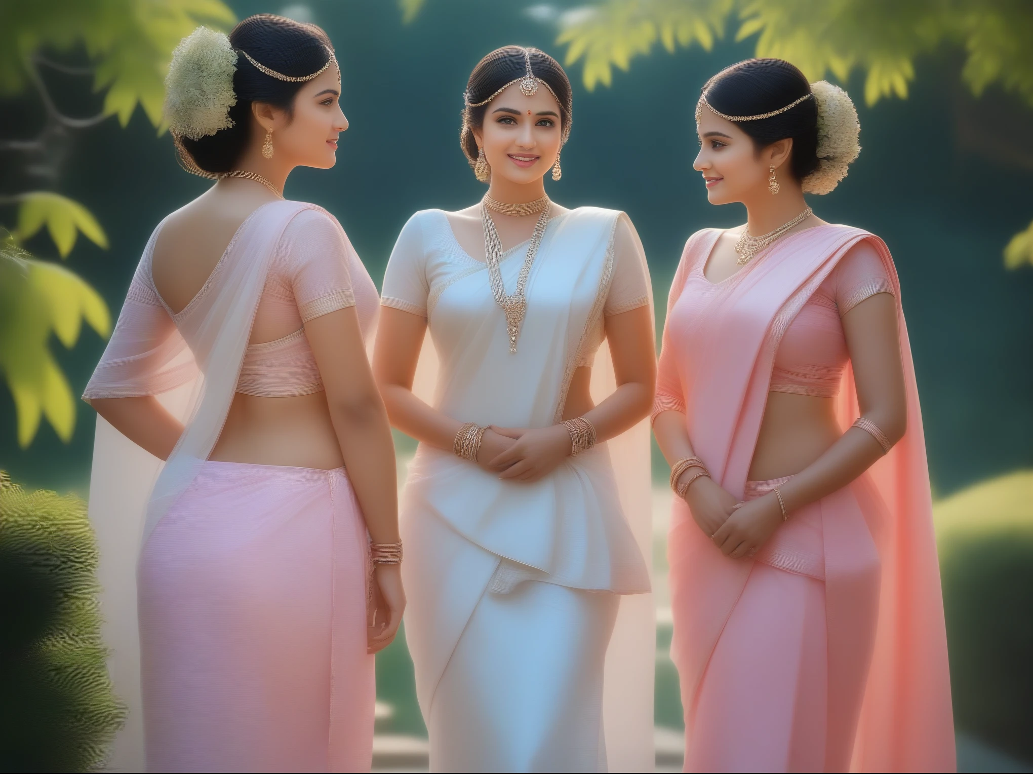 ((best quality)),((masterpiece)),(photorealistic:1.4), 1 beautiful Bride and 2 beautiful bride's maids, light smile, Bride in the middle wearing Pearl-white saree, bride's maids wearing pink sarees (Shimmering cloths:1.4), waist up, attractive feminine form, dramatic lighting, from below, garden background, looking at viewer