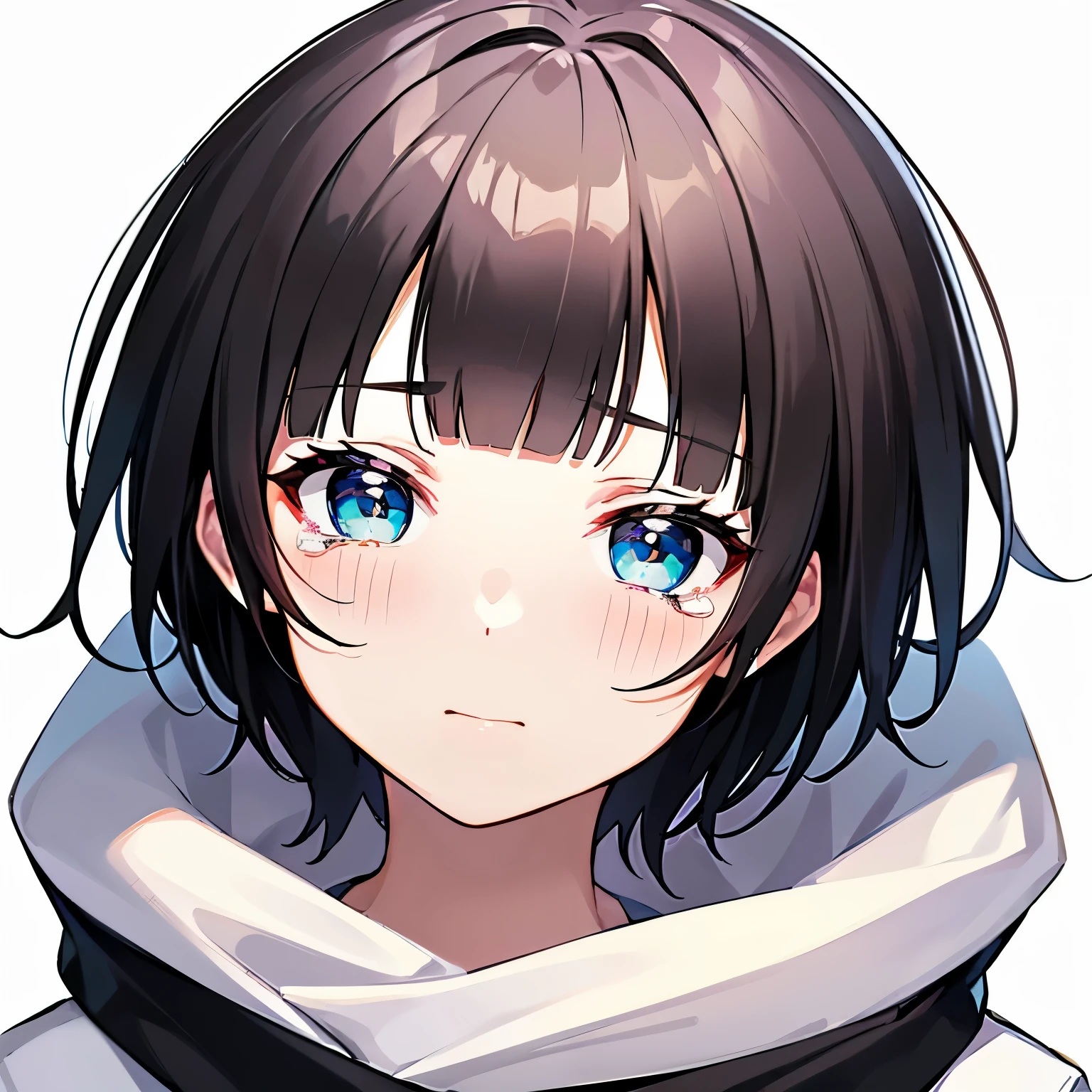 ((1 beautiful girl)), ((solo:1.3)),((blunt bangs)),((black hair)),((Blue eyes)), ((shoulder length hair:1.2,short hair)),************, ((white background:1.3)),((See here)),((head shot)), BREAK (tearful:1.0), 