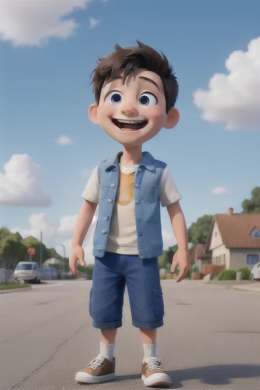 masterpiece, best quality, A young boy laughing happily on the street，Blue sky and white clouds in the background