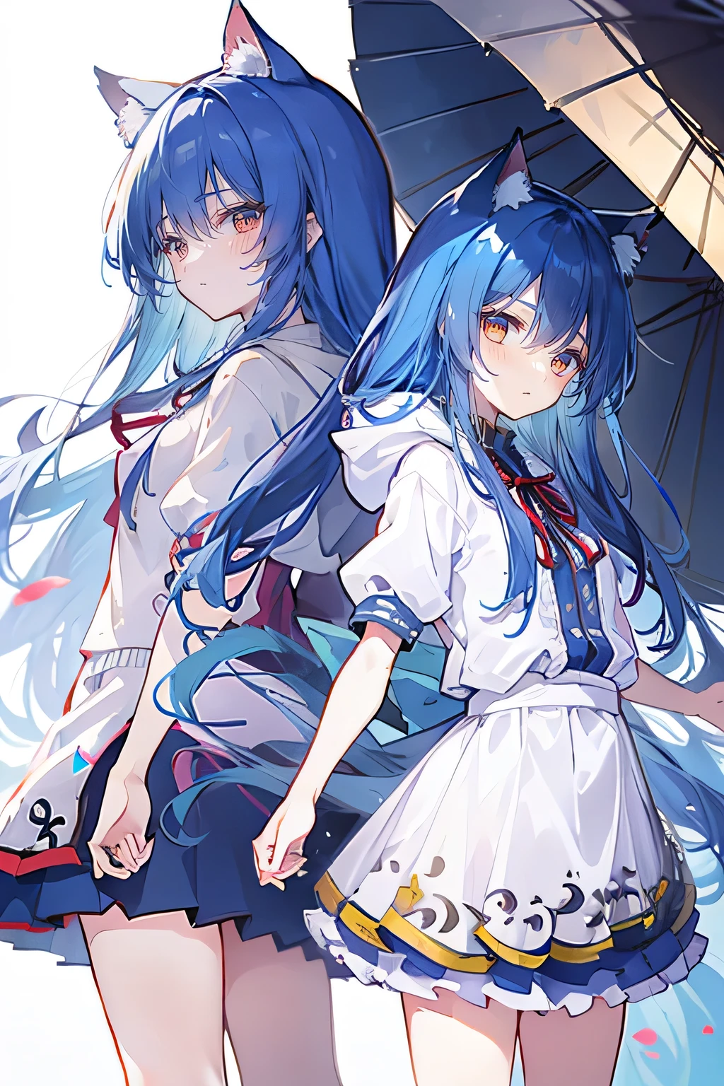 （masterpiece：1.2），Super detailed，lifelike，Expressive eyes，fair skin，perfect face shape，1 girl，
Japanese comics,Gorgeous blue hair,flowing blue hair,flowing clothes,Cat ears,Petals fall,beautiful lola,Baby Angel,
Shaking head with one hand，Cross your legs，Gentle and peaceful background，The pavilion is cool and comfortable,smile, wearing hoodie, background of tokyo,back views,snowing, winter.