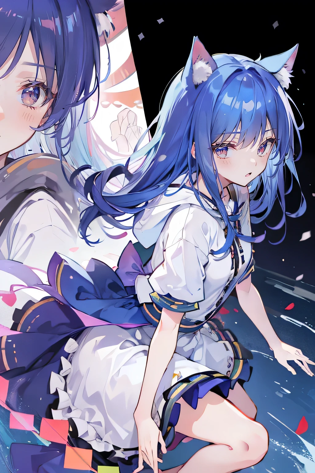 （masterpiece：1.2），Super detailed，lifelike，Expressive eyes，fair skin，perfect face shape，1 girl，
Japanese comics,Gorgeous blue hair,flowing blue hair,flowing clothes,Cat ears,Petals fall,beautiful lola,Baby Angel,
Shaking head with one hand，Cross your legs，Gentle and peaceful background，The pavilion is cool and comfortable,smile, wearing hoodie, background of tokyo,back views,snowing, winter.