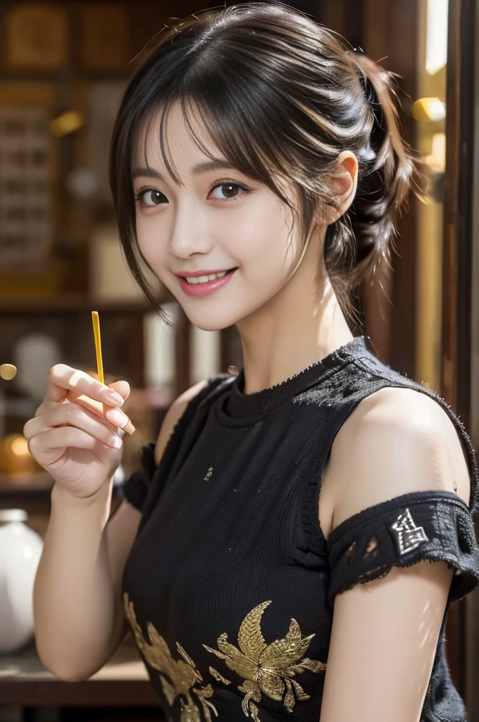 (fantasy:1.5),(anime,8k,masterpiece, top quality, best quality,beautiful and aesthetic:1.2,professional illustrasion:1.1,ultra detail:1.3,perfect lighting),extremely detailed,highest detailed,incredibly absurdres , highres, ultra detailed,intricate:1.6,(Alchemy Workshop:1.4),A girl mixing,Medicine in many small bottles,holding small potion,colorful:1.4,zentangle,(1girl),(girl),(Three kingdoms female warload),(highly detailed beautiful face and eyes,firm breasts),oily skin,((black,hair,short bob with short pony tail hair)),thin pubic hair,cute,lovely,34 years old,alchemist costume,Merchant's Clothing,smile,in the kitchen,smile,seductive weak smiling,(with sparkling eyes and a contagious smile),open mouth, Looking at Viewer,