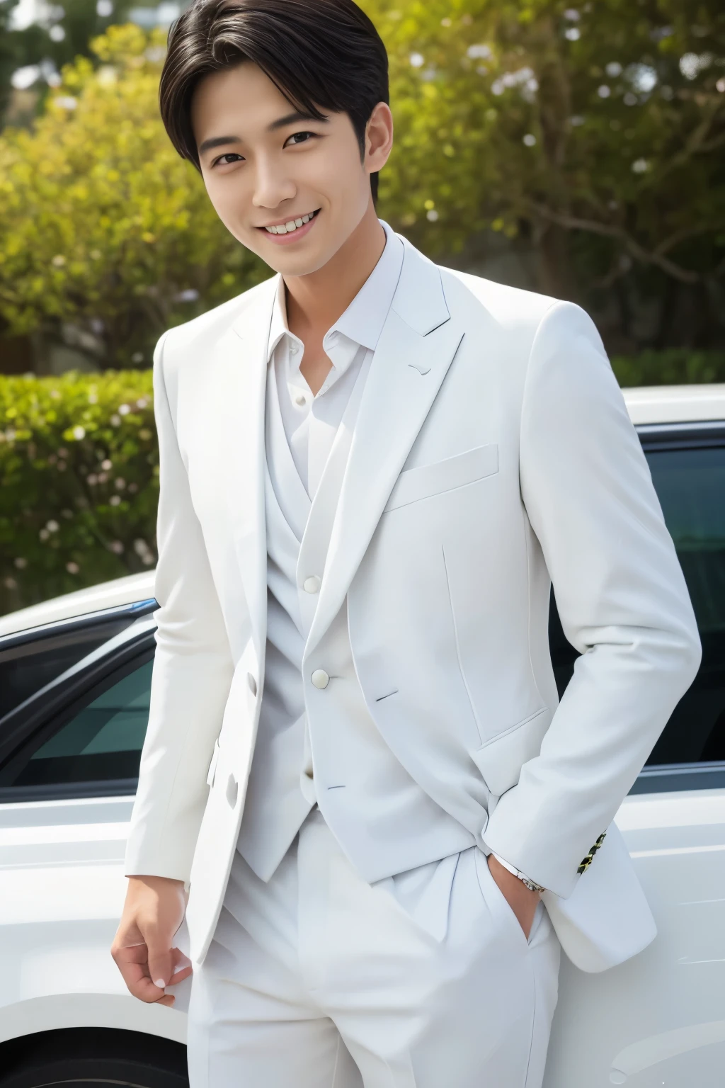 (highest quality、Best image quality、超A high resolution)、Japanese、Handsome man、30 years old、Happy young Japanese businessman president、Very attractive businessman, (((White suit:1.5)))、masterpiece、Photo realistic、The background is blurred、Big smile、Latest stylish suits 、Medium Hair、Super cool、Twink、Soft skin and a nice perfect face、8k、Surreal、