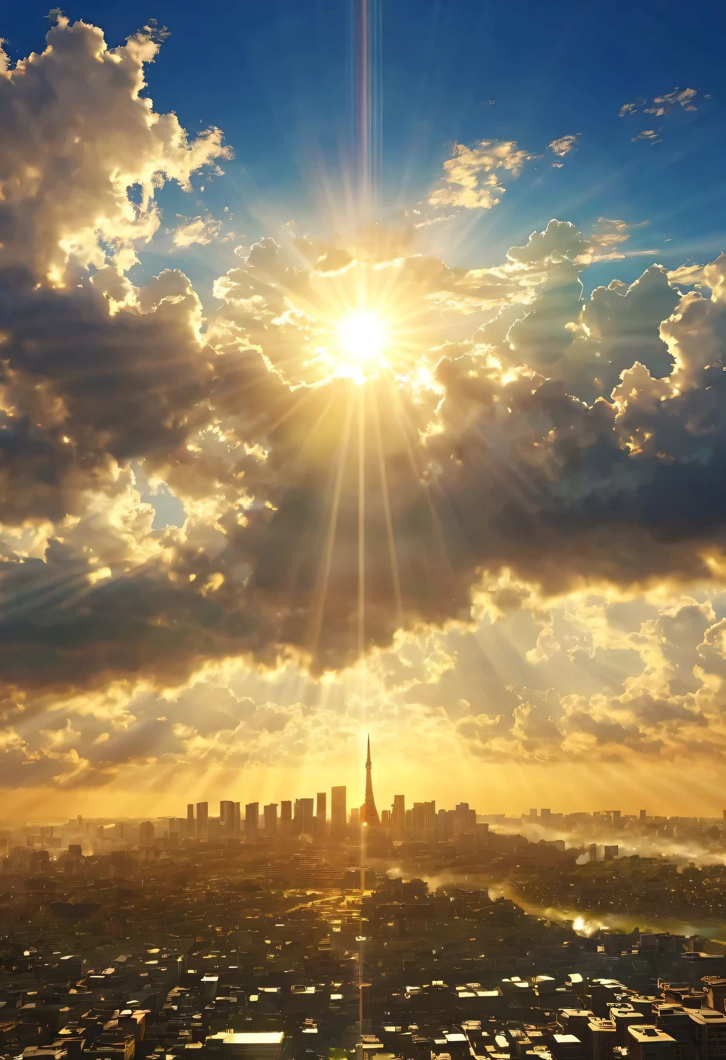 A mystical city rising into the sky、Digital Art, The clouds clear and the shining sun appears, On Ascension Day,Golden Sun、Cities in the sky、god々Utopia of、There is one relic。God floating in the air々Our Sky Garden、