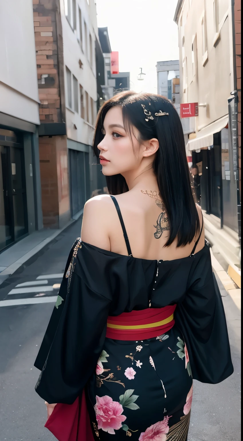 masterpiece, highest quality, highest quality, Official Art, beautifully、aesthetic:1.2),1 girl, tattoo, alone, kimono, red and black kimono, hair ornaments, unsheathing, Black Hair, sheath, back tattoo, dragon tattoo, blue eyes, Off the shoulder, Exposing shoulders, Looking Back, From behind, flower, Looking at the audience, Holding, Makeup, Outdoor,Alley at midnight、Spotlight、