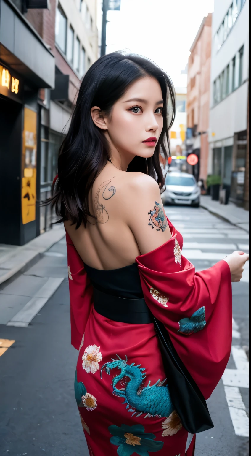 masterpiece, highest quality, highest quality, Official Art, beautifully、aesthetic:1.2),1 girl, tattoo, alone, kimono, red and black kimono, hair ornaments, unsheathing, Black Hair, sheath, back tattoo, dragon tattoo, blue eyes, Off the shoulder, Exposing shoulders, Looking Back, From behind, flower, Looking at the audience, Holding, Makeup, Outdoor,Alley at midnight、Spotlight、