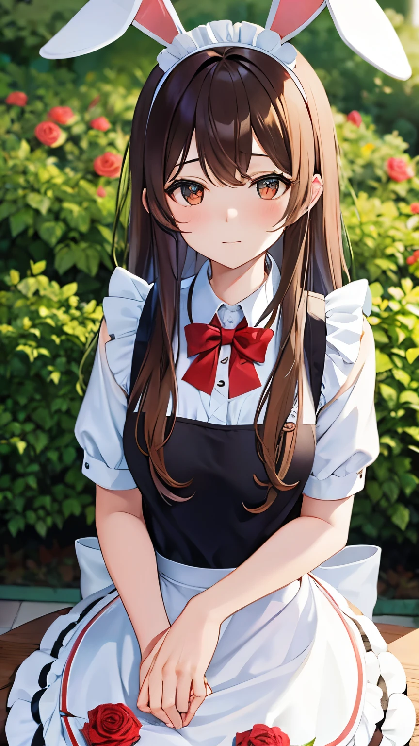 (brown hair), hair one side up, from below, ((rabbit ears)), maid headdress, (((masterpiece))), ((textured skin)), (((high details))), highres, cute, lovely, maid, apron dress, ((rose garden)), sunlight