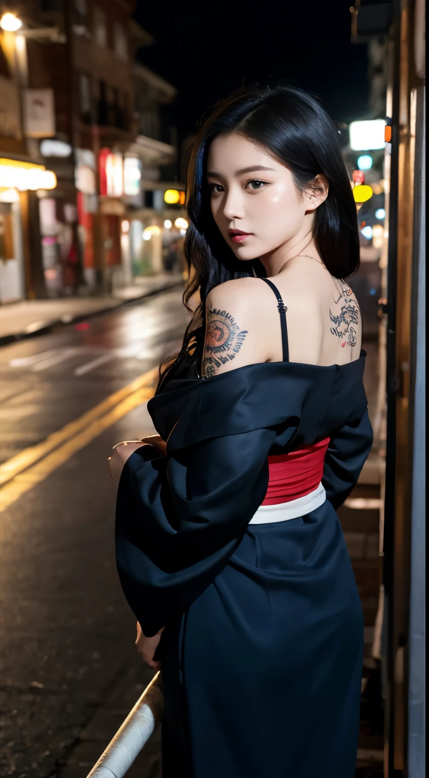 masterpiece, highest quality, highest quality, Official Art, beautifully、aesthetic:1.2),1 girl, tattoo, alone, kimono, red and black kimono, hair ornaments, unsheathing, Black Hair, sheath, back tattoo, dragon tattoo, blue eyes, Off the shoulder, Exposing shoulders, Looking Back, From behind, flower, Looking at the audience, Holding, Makeup, Outdoor,Alley at midnight、Spotlight、