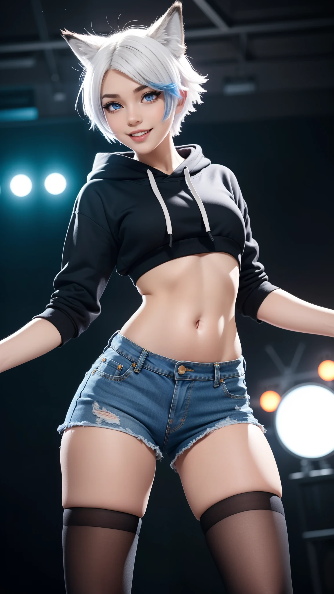 Masterpiece, wide smile, boyish girl with short (white hair), punk hair style, half shaved hair style, (horny face expression), has wolf ears, ((had wolf tail)), wearing denim shorts and a cropped black hoodie, thick thighs, wide hips, wearing thigh high socks, solo, alone, no wolves, showing belly, has glowing blue eyes, flat chest,Comics, fantasia, sfw, onis, action pose, party, club party time