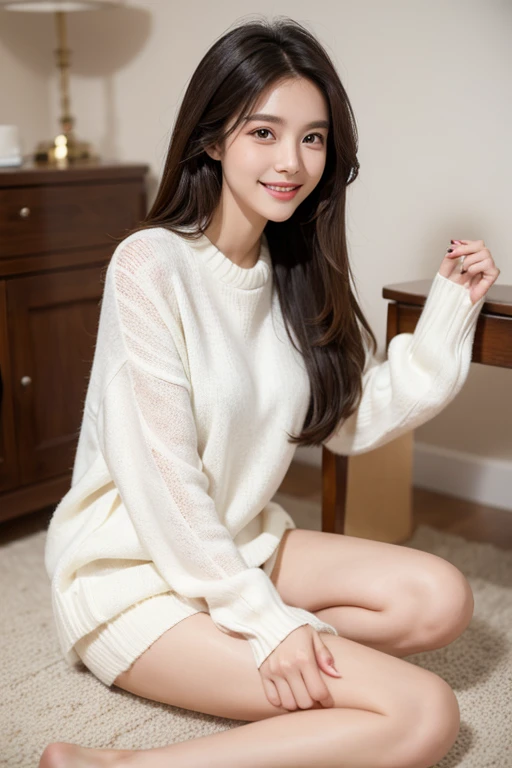 Beauty White Skin Long legs Brown long hair Black sweater smile