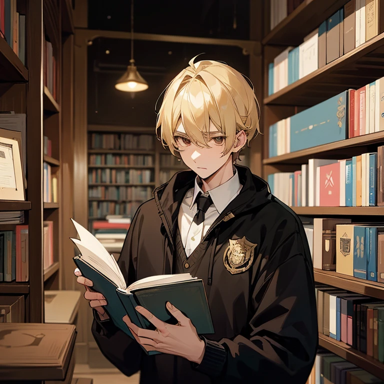 26 year old man, in a bookstore at night, reading a book. Man has blond hair, brown eyes. wearing a sweatshirt. A police badge hangs from the man's neck. 