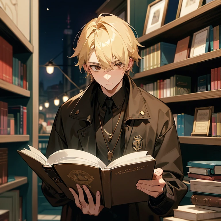 26 year old man, in a bookstore at night, reading a book. Man has blond hair, brown eyes. wearing a sweatshirt. A police badge hangs from the man's neck.