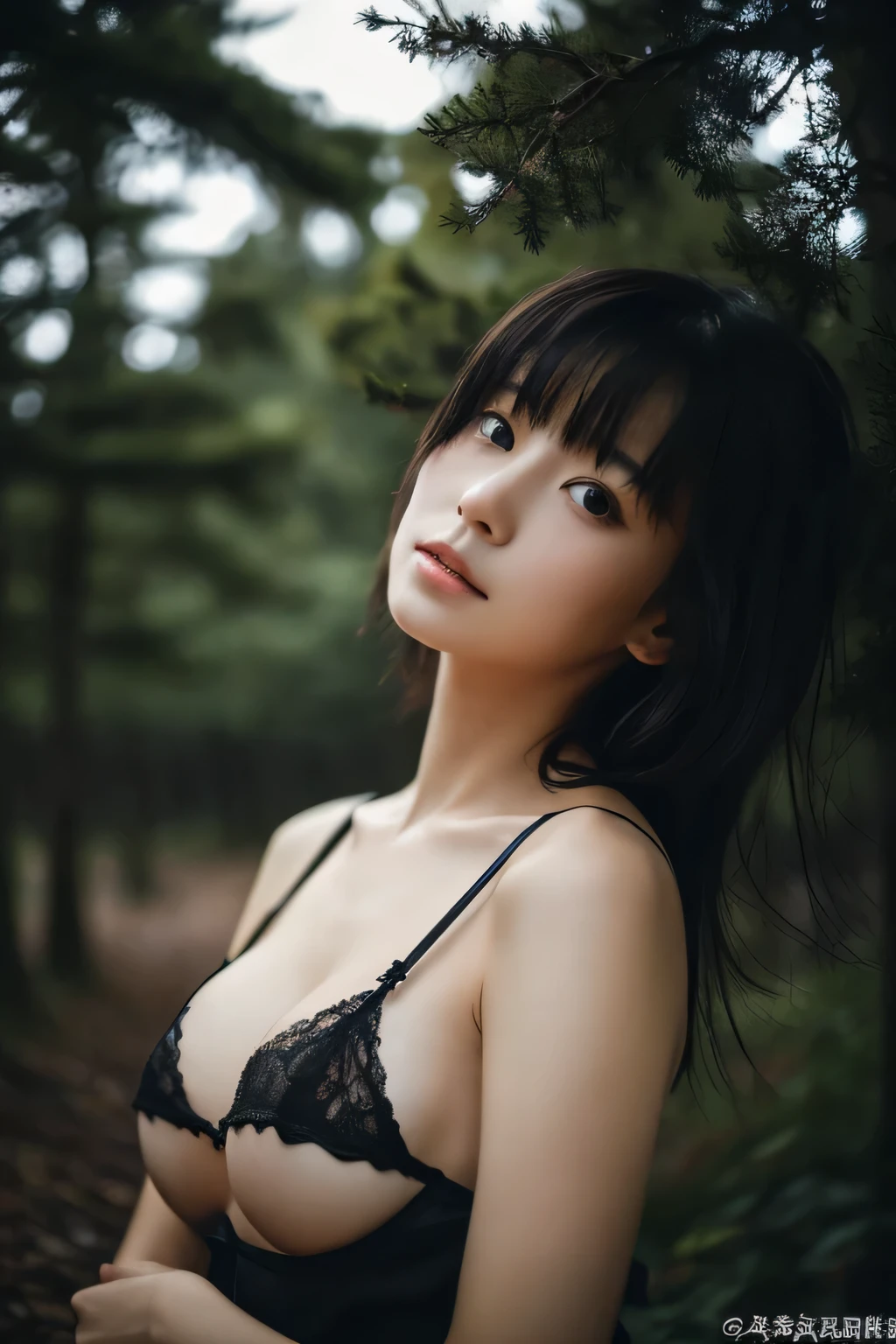 masterpiece, highest quality, (solo focus), (perfect face:1.1), (high detail:1.1), Japanese beautiful girl、Small breasts、lingerie、Fog in a forest of black trees、Dark world、Darkness before the storm