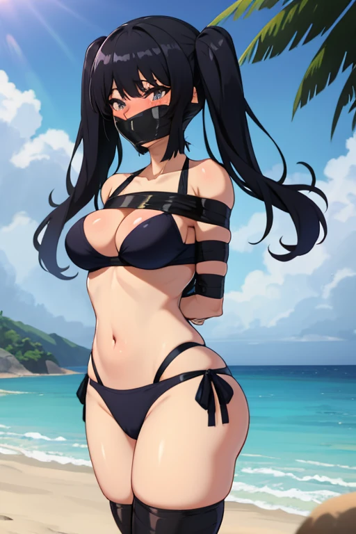 1 girl, Long black hair, Long twintails, hochgesteckte schwarze haare, improvisierter Knebel, Klebebandknebel, GEKNEBELT, Klebeband, festgebunden, Arms behind the back, gefesselte Arme, black Bikini, blushing, Tape gag, Standing, beach in the background