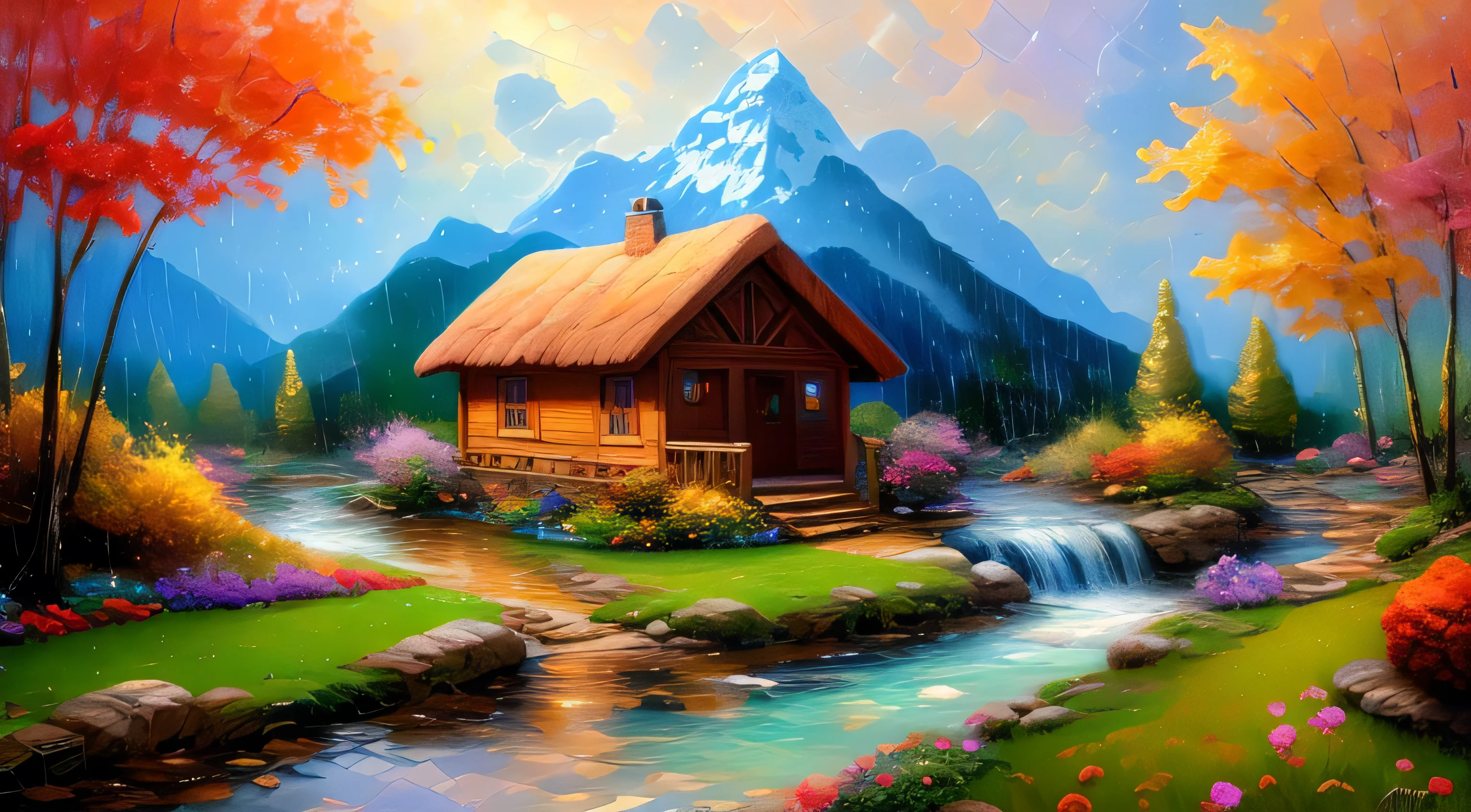 A picture of a hut by a mountain stream with a waterfall, 、rain、rain、rain、 4K Oil Painting, Beautiful Oil Painting Mat, Oil painting 4K, Oil painting 4K, cottage in the woods, Beautiful oil painting on canvas, Beautiful digital painting, smooth oil painting, Beautiful Art UHD 4K, 8k HD detailed oil painting, Oil Painting Digital Painting, Inspired by Thomas Kinkade.