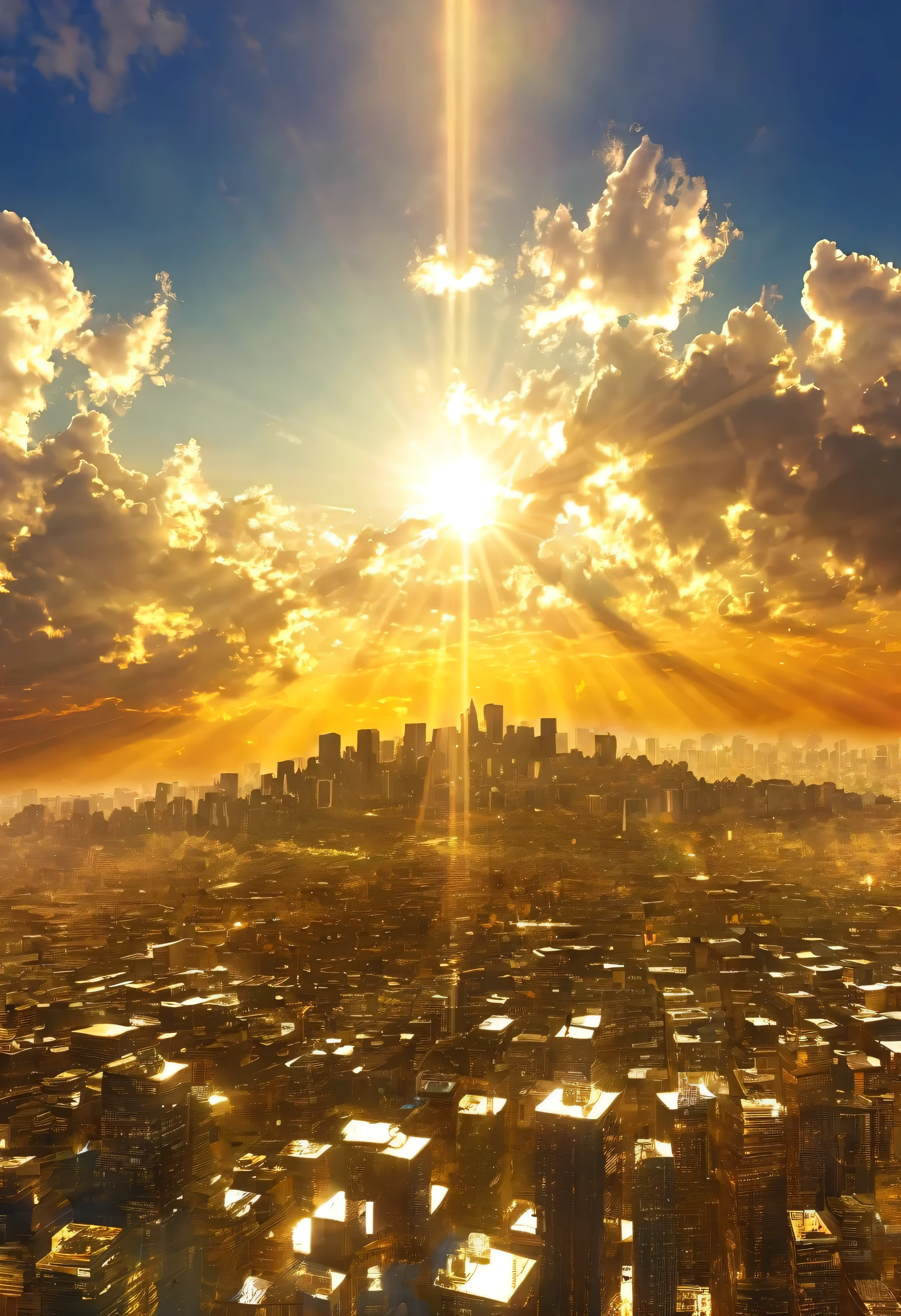 A mystical city rising into the sky、Digital Art, The clouds clear and the shining sun appears, On Ascension Day,Golden Sun、Cities in the sky、god々Utopia of、There is one relic。A world where everything is gold、