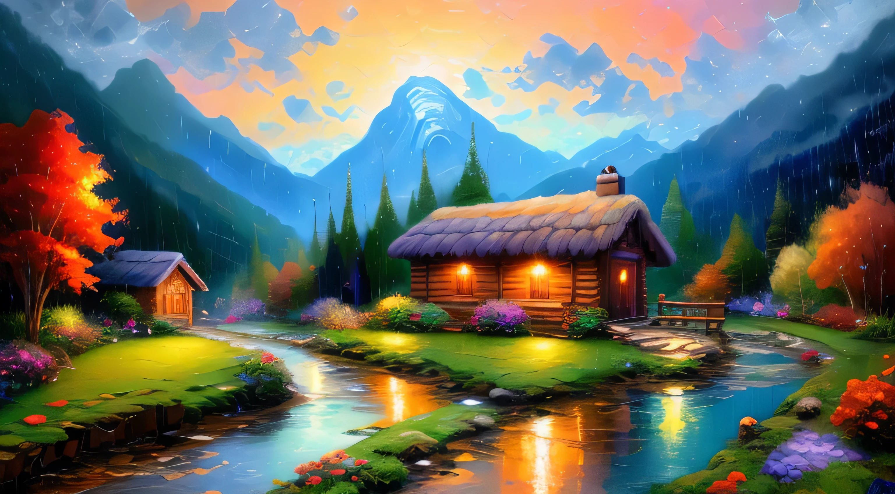 A picture of a hut by a mountain stream with a waterfall, 、rain、rain、rain、 4K Oil Painting, Beautiful Oil Painting Mat, Oil painting 4K, Oil painting 4K, cottage in the woods, Beautiful oil painting on canvas, Beautiful digital painting, smooth oil painting, Beautiful Art UHD 4K, 8k HD detailed oil painting, Oil Painting Digital Painting, Inspired by Thomas Kinkade.