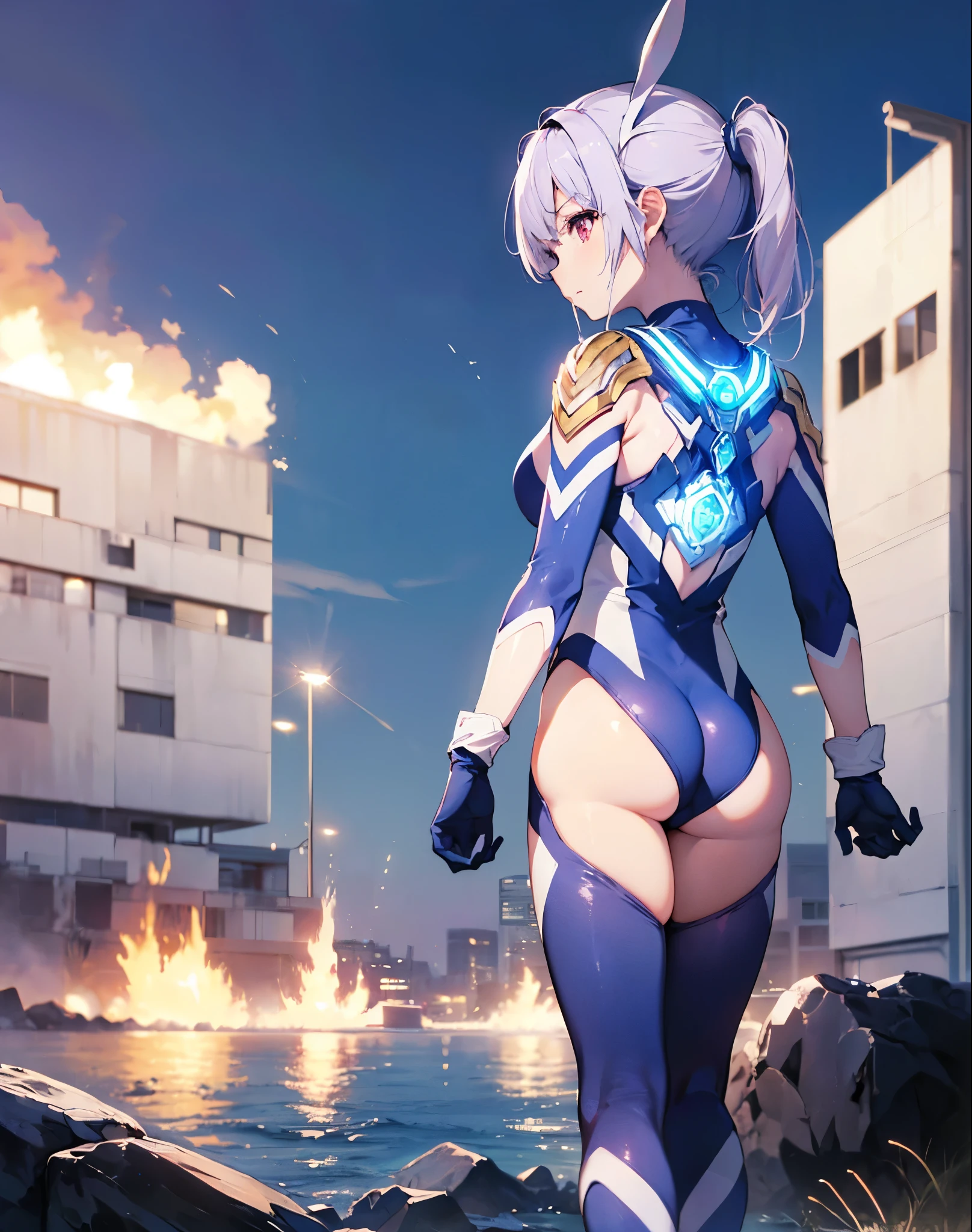 Realistic,highest quality, Ultra Detail, High-quality CG rendering, The most delicate and beautiful, Floating softly, High resolution, (1 girl), (Highest quality,4K,8K,masterpiece:1.2) ,Light purple hair,Rabbit,Bunny ears,ponytail,Red eyes,(Ultra Girl:1.0),(Bright blue Ultraman bodysuit:1.4),(Blue gloves:1.3),(Blue shoes:1.3), (Turn your back to your audience:1.3),Ass,(背中にウサギのAss尾:1.5)