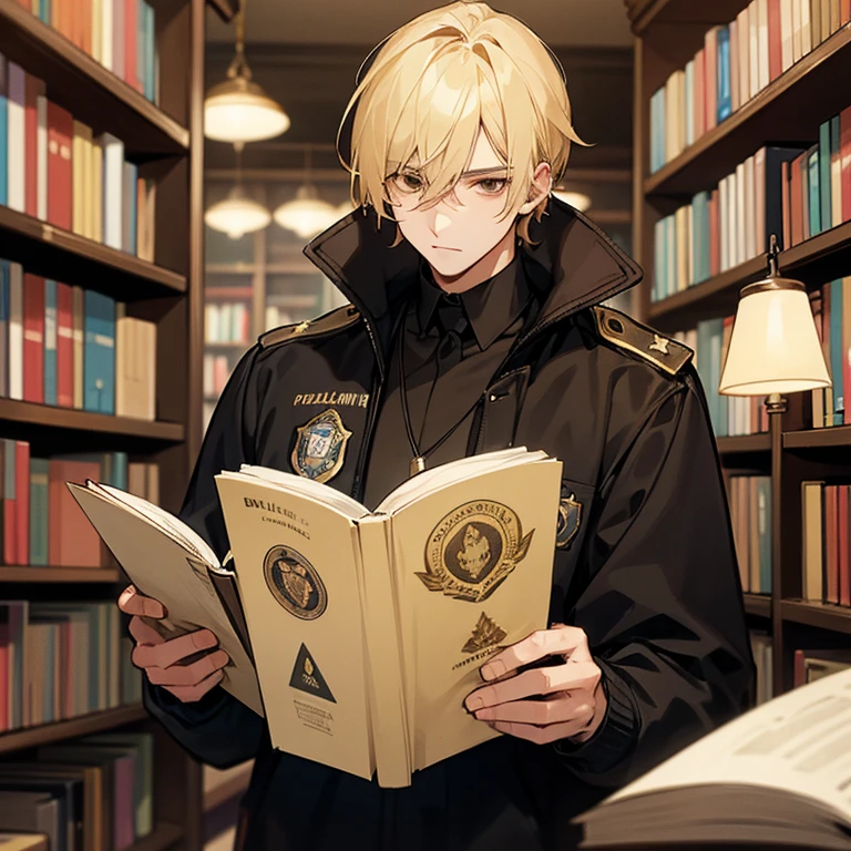 26 year old man, in a bookstore at night, reading a book. Man has blond hair, brown eyes. wearing a sweatshirt. A police badge hangs from the man's neck.