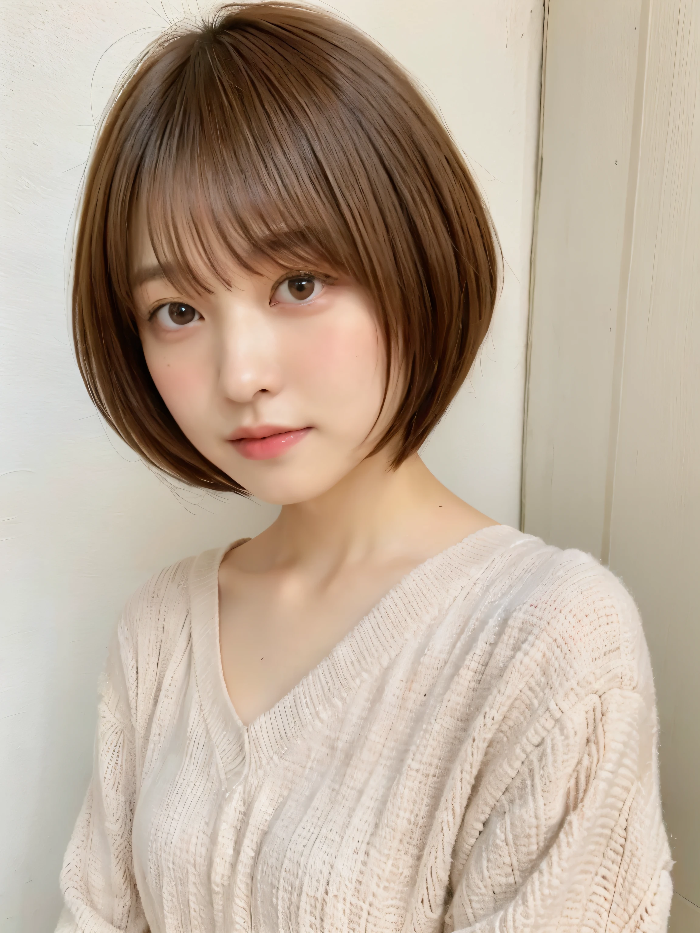Tabletop、Japanese women、RAW Photos (30-year-old woman),Light orange long sleeve dress,Realistic skin, (Skin with attention to detail:1.2),In front of a white door,Spring colors,Realistic, Don&#39;Don&#39;t look at the camera、Film Grain,Bright colors,Beautiful Face,Soft natural light、short hair、Bobcut、Bob Hair、Fluffy Hairstyles