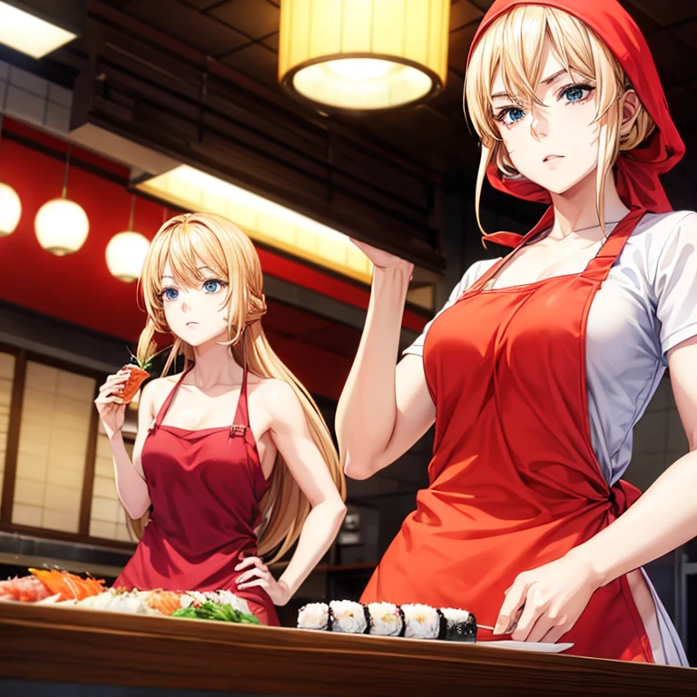 A blonde woman with a towel around her head holding sushi in a sushi restaurant　Wearing an apron