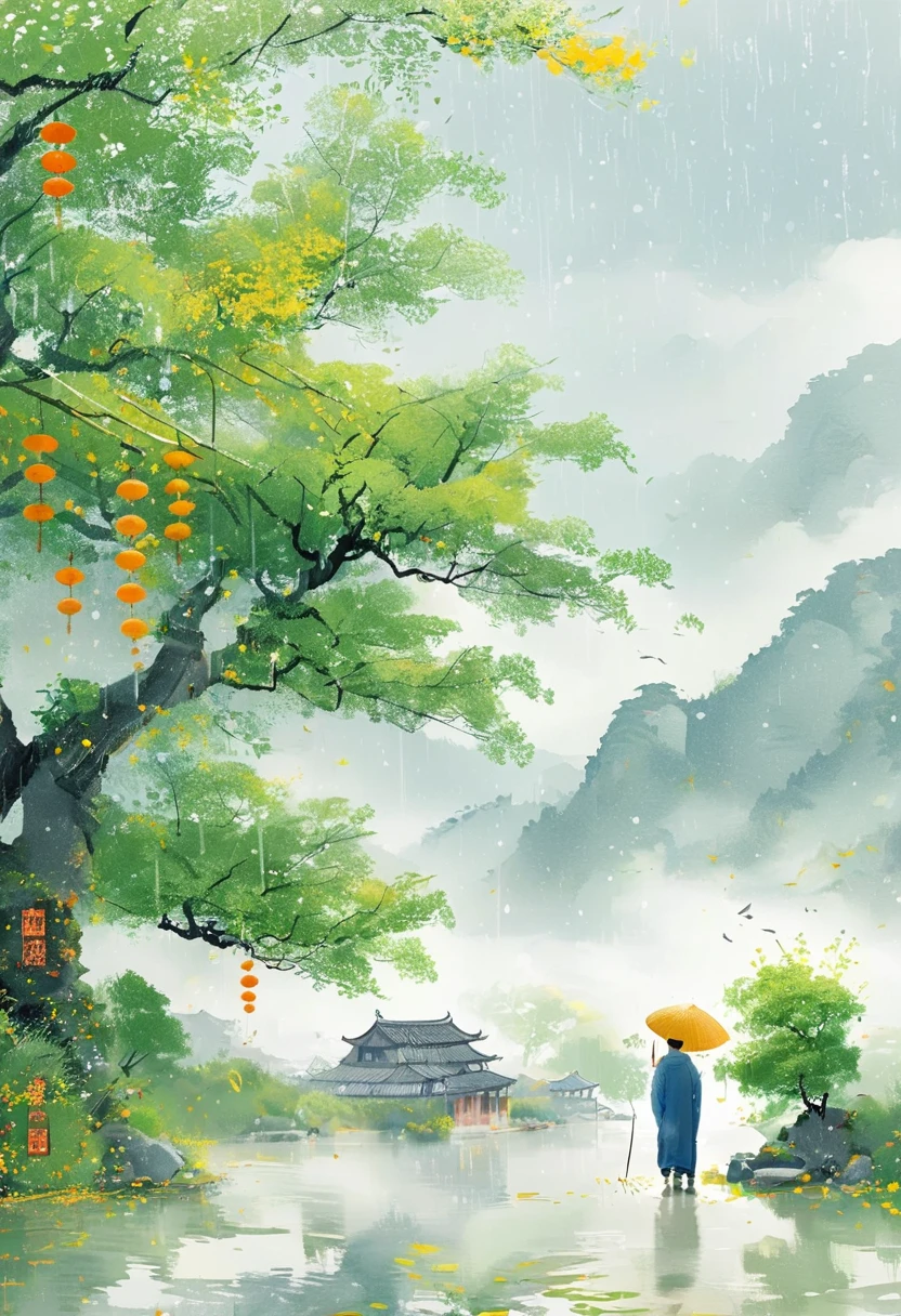 Cai GuoRUN's illustration style, Rainy Qingming season, Under a willow tree, A shepherd boy, amidst the rain, points into the distance, indicating the direction to Apricot Blossom Village, spring is full of freshness, rich details, spring scene, flat design, soft colors, vibrant tones, Chinese traditional painting elements, photorealistic, Minimal composition, High saturation and high contrast,rich light and shadow details, sharp contrast and clean lines, 1cgrssh1