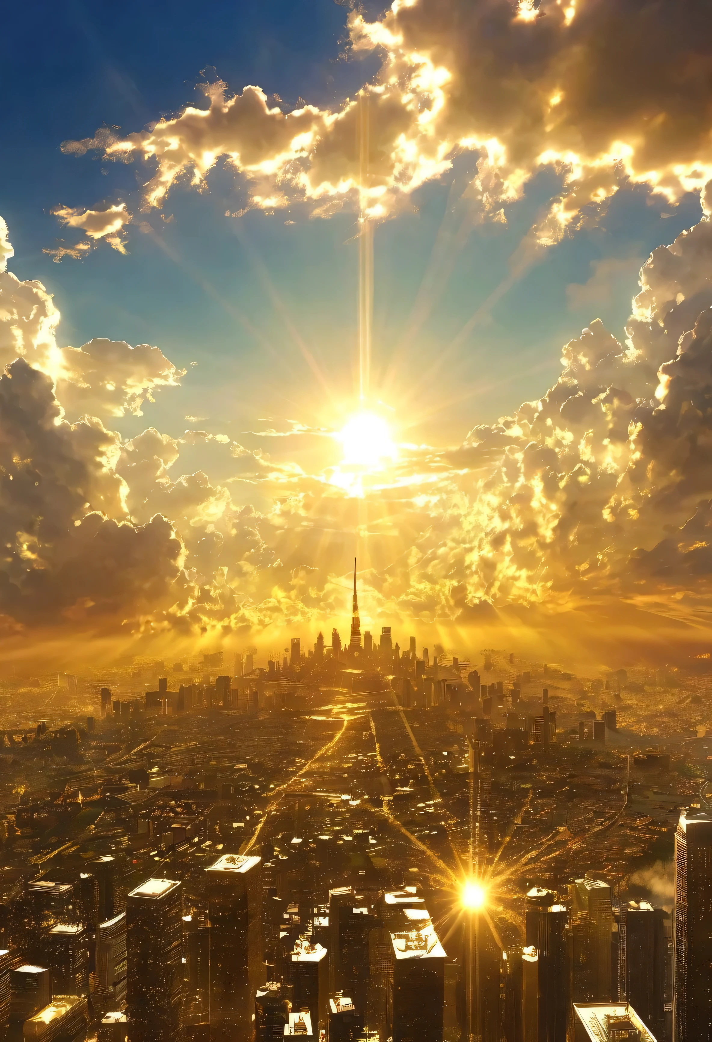 A mystical city rising into the sky、Digital Art, The clouds clear and the shining sun appears, On Ascension Day，Golden Sun、Cities in the sky、god々Utopia of、There is one relic。A world where everything is gold、