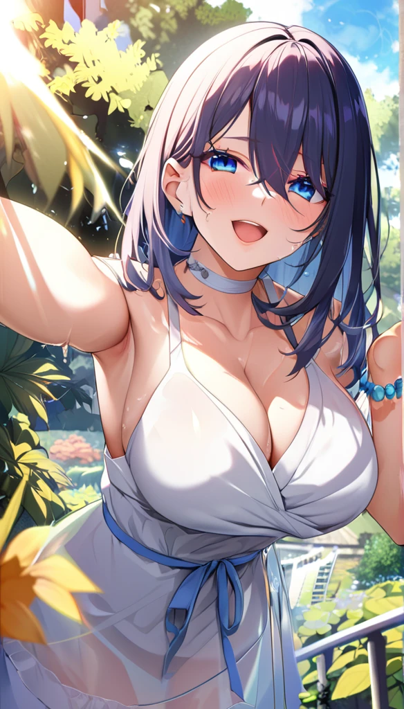 (masterpiece,best quality,ultra detailed,:1.2),CG,a beautiful and cute japanese lady,shiny hair,indigo hair,parted bangs,hime cut,shiny eyes,big eyes,frosty blue eyes,happy,spread arms,medium large breasts,curvy,choker,bracelet,sundress,garden,full moon