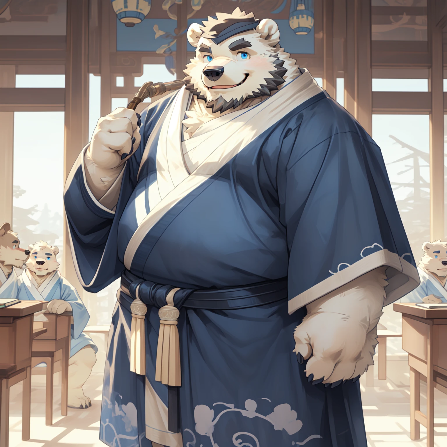New Jersey 5 Furry，polar bear，portrait，standing solo，Exquisite， Chubby，Fat，Thick arms，Rugged muscles，White plush fur，Chubby脸，Black eyebrows，Sky blue eyes，Beard，school，Teacher in the Qing Dynasty，Scholar hat，robe，Lupine towel，Smile