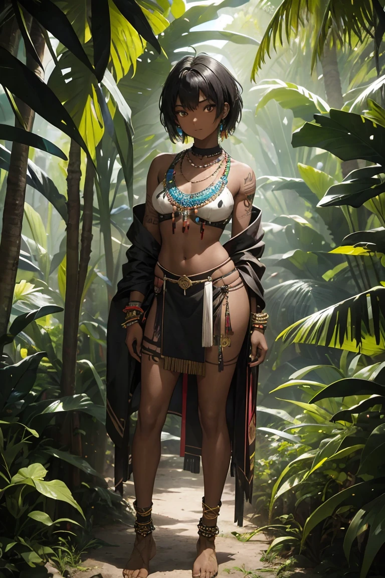 20 years old tribal girl,ebony skin, short black hair adorned with multiple colors feathers , black eyes, tribal outfit,bracelets and necklace showing connection with nature, tribal tattoos without shoes,  standing in the jungle