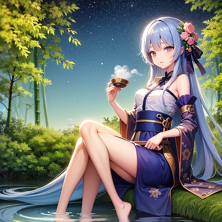 wallpaper, highly detailed, illustration, 1 girl, Azure hair, long hair, detailed eyes, full body, forest, bare shoulders, hanfu, lakes, pure, soft smile, bamboo, Tea, drinking tea, night time, starry sky, full moon, short hem