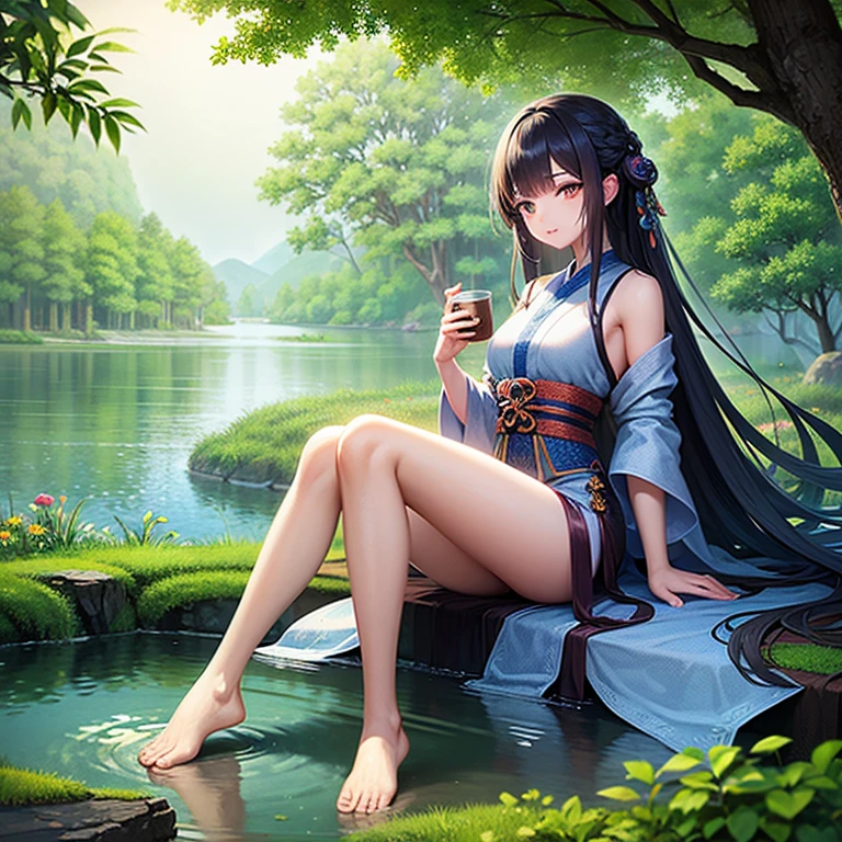 wallpaper, highly detailed, illustration, 1 girl, Azure hair, long hair, detailed eyes, full body, forest, bare shoulders, hanfu, lakes, pure, soft smile, bamboo, Tea, drinking tea, night time, starry sky, full moon, short hem