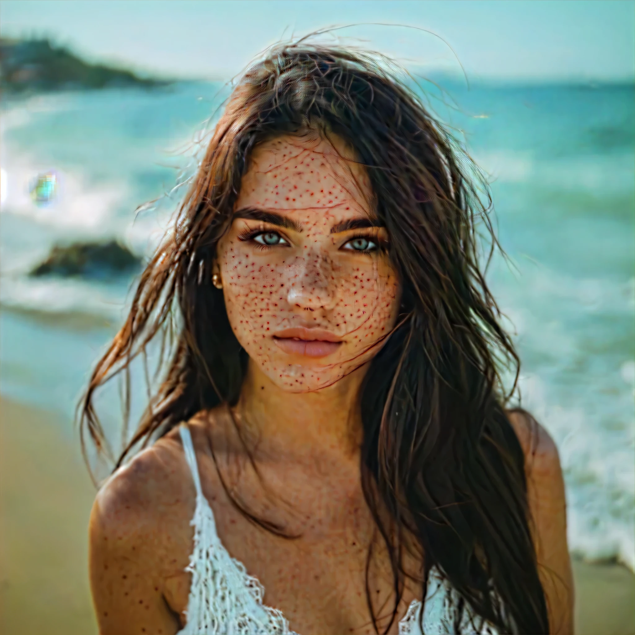 arafed woman with long hair and freckled top on the beach, realistic face features, photo of a beautiful woman, ultra realistic, beautiful young woman, gorgeous attractive face, attractive woman, beautiful fine face features, gorgeous woman, soft portrait shot 8 k, tanned beauty portrait, attractive beautiful face, close up portrait of a beautiful, young beautiful woman, mid-shot portrait of a beautiful, very realistic