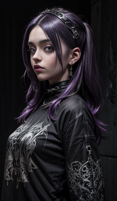 A girl with purple hair wearing a black shirt, gothic art, many details, she is wearing streetwear, ultra realistic image, dark hair, beautiful appearance, gothic girl