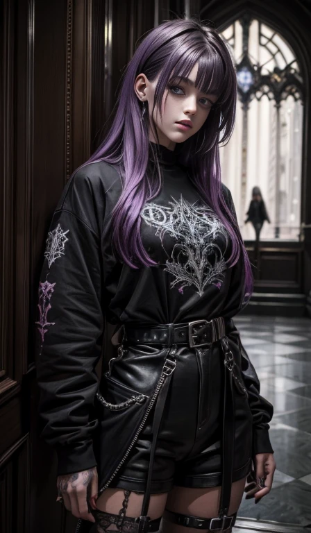 A girl with purple hair wearing a black shirt, gothic art, many details, she is wearing streetwear, ultra realistic image, dark hair, beautiful appearance, gothic girl