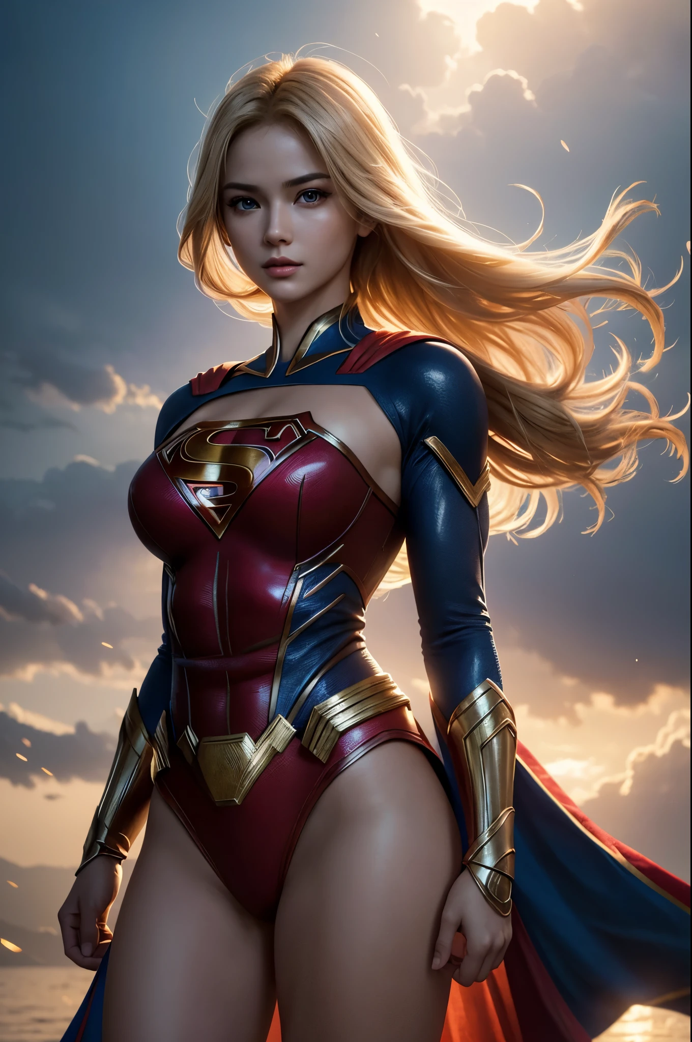 8K,Warrior Supergirl,Blonde,Super Beauty(Like the real thing),Kryptonian,Superman Costume,masterpiece,Photorealistic RAW photos of the highest quality。Bright colors,Rich colors, Backlight, Cinema Lighting, Film Grain, to be born, 50mm lens, Nikon D850,Realistic Skin,Fantasy art,Character Art,Ultra-high resolution,Surreal,A wonderful work of art、((Kyoto Panel Style))、Wind effects:1.9、Cloud Effect:1.2、Full Rendering、Professional quality high resolution、Perfect contrast、Perfect lighting、Perfect composition、Perfect Skin、Perfect Fingers、Perfect breasts、Perfect Hair、Perfect Face、Realistic facial features,super highest quality,Slim figure,Perfect body line,Perfect hand shape,Anatomical body balance,Highly detailed face,Highly detailed eyes,Beautiful Lips,Excellent light particles,Cinema Lighting,Makeup,Ultra-high resolution,超Realistic Skin,Sexy woman closeup,Dynamic pose,Hard and strong abs,Makeup,Very large breasts,fly in the sky,