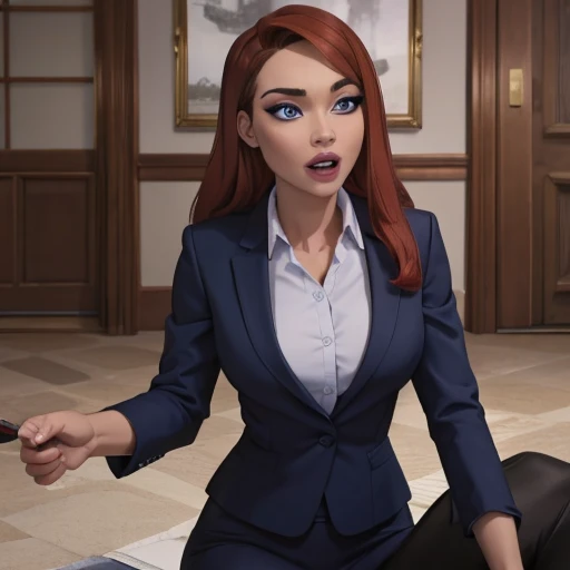 (masterpiece, high quality) woman, formal business suit, shirt, pants, solo , looking at viewer, perfect face, suits Navy blue, crystal blue eyes, eyelashes, makeup, blowing job, blowjob, bust cum